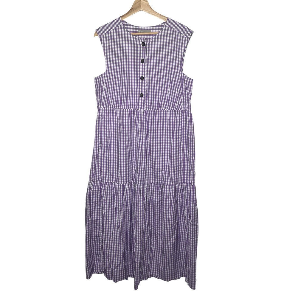Everlane Purple Gingham Tiered Midi Dress Sleeveless Cotton Size M